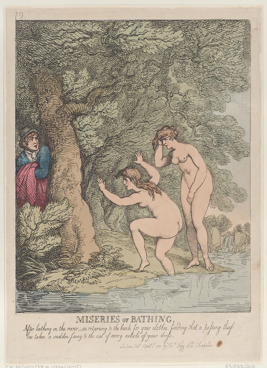 Miseries of Bathing, Thomas Rowlandson (British, London 1757–1827 London), Hand-colored etching 