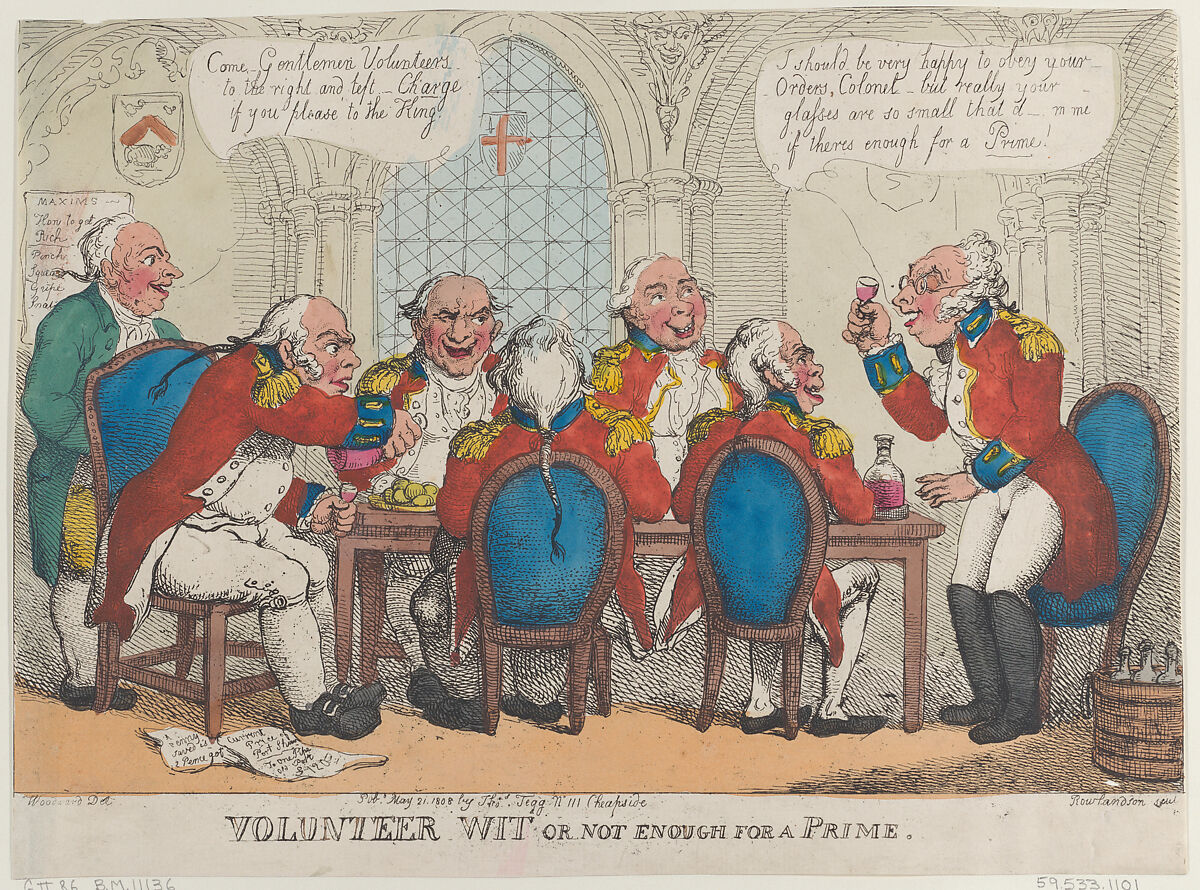 Volunteer Wit or Not Enough for a Prime, Thomas Rowlandson (British, London 1757–1827 London), Hand-colored etching 