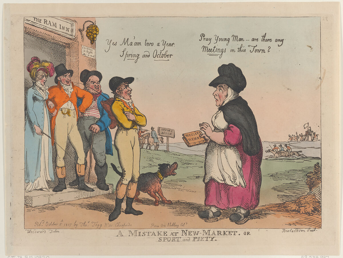 A Mistake at New Market, or Sport and Piety, Thomas Rowlandson (British, London 1757–1827 London), Hand-colored etching 