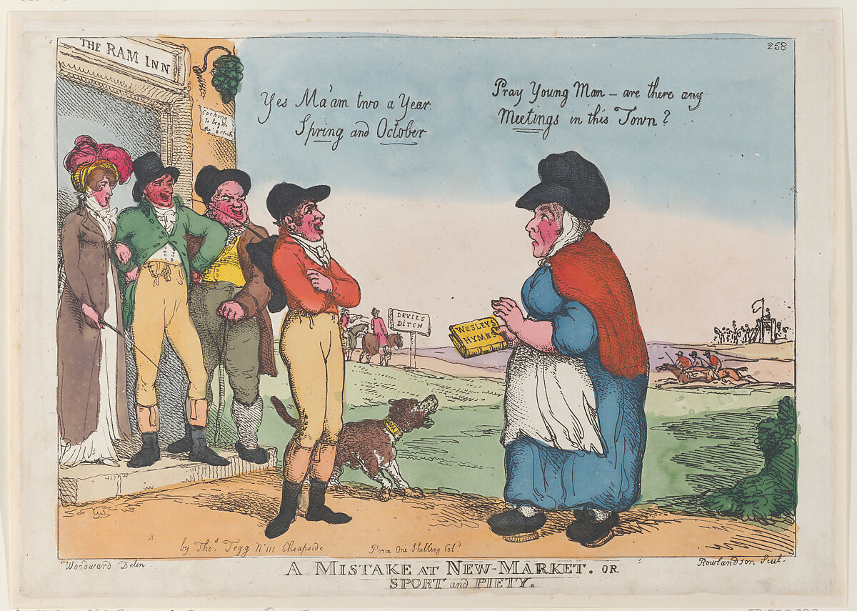 A Mistake at New Market, or Sport and Piety, Thomas Rowlandson (British, London 1757–1827 London), Hand-colored etching 