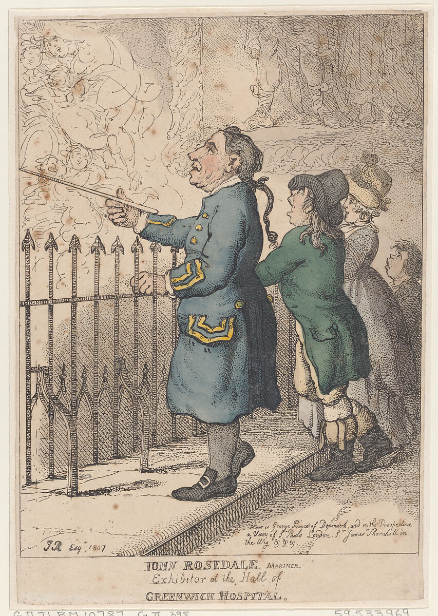 John Rosedale Mariner, Exhibitor at the Hall of Greenwich Hospital, Thomas Rowlandson (British, London 1757–1827 London), Hand-colored etching 