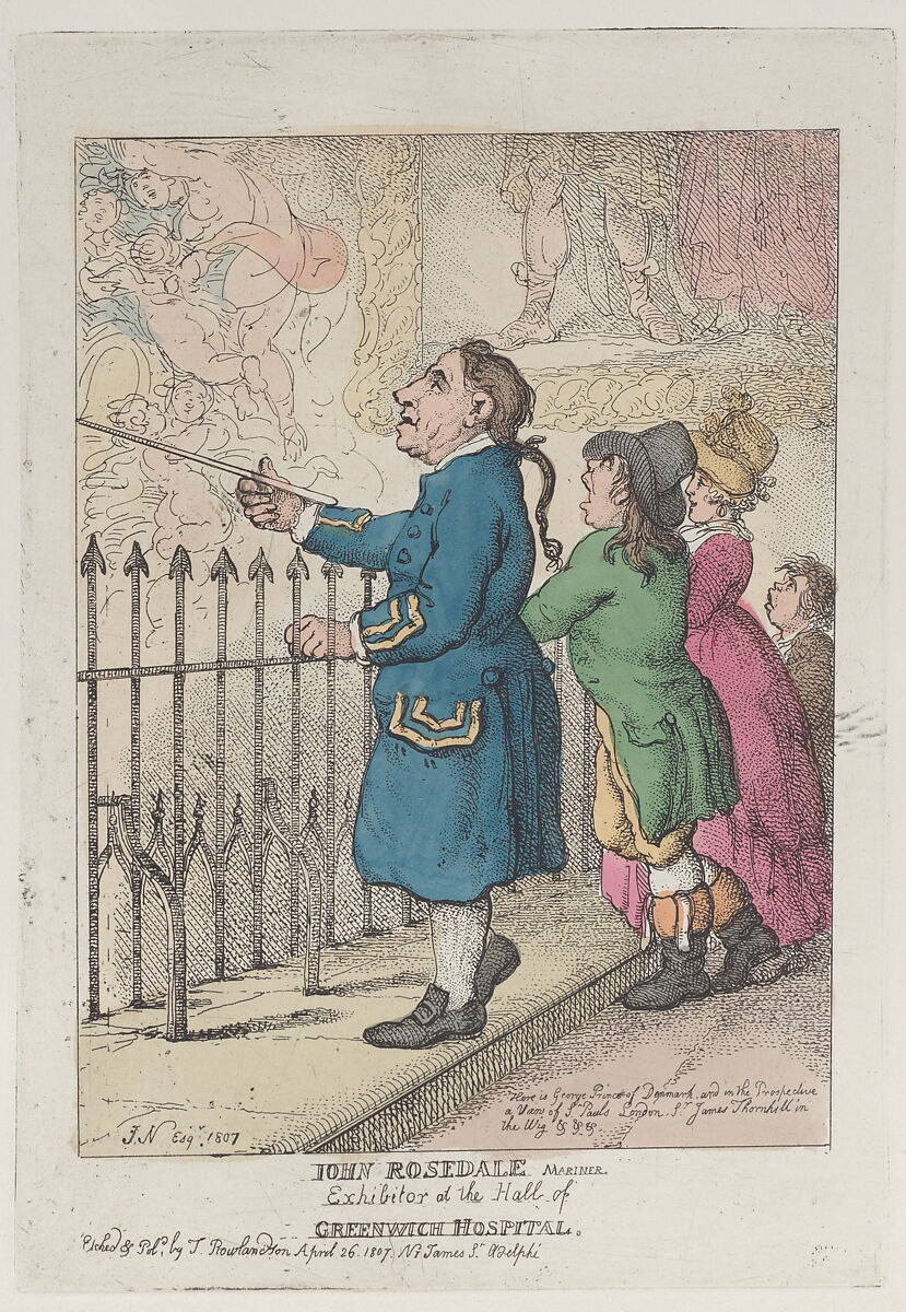 John Rosedale Mariner, Exhibitor at the Hall of Greenwich Hospital, Thomas Rowlandson (British, London 1757–1827 London), Hand-colored etching 