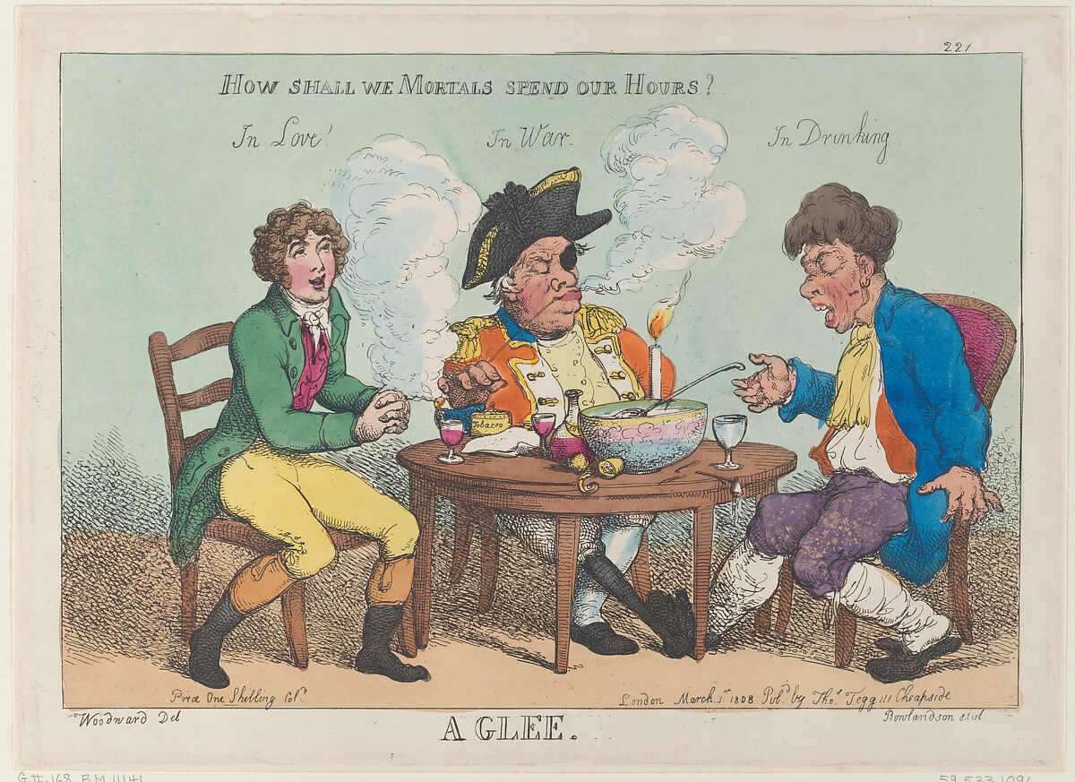 A Glee, Thomas Rowlandson (British, London 1757–1827 London), Hand-colored etching 