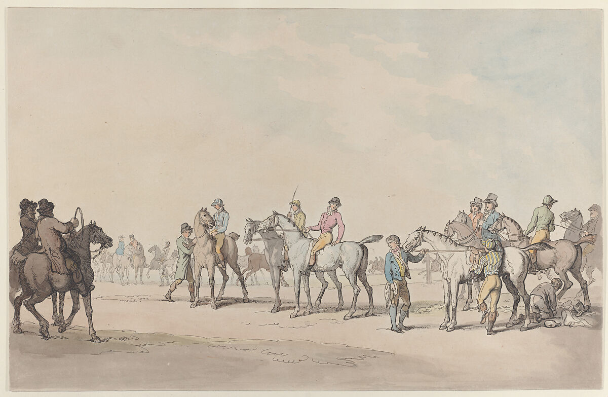 Preparing for the Race, Thomas Rowlandson (British, London 1757–1827 London), Hand-colored etching 