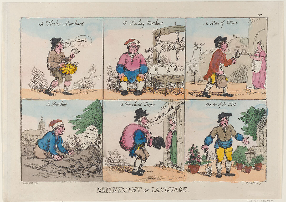 Refinement of Language, Thomas Rowlandson (British, London 1757–1827 London), Hand-colored etching 