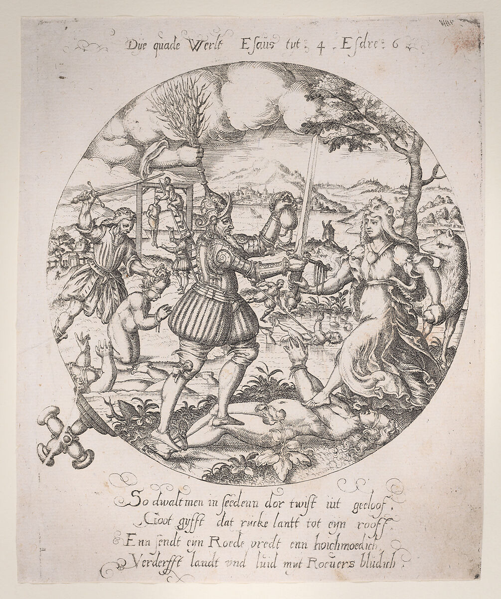 The evil world / The time of Esau (2 Esdras 6:9), plate 3 from a series of Four Allegories of the Netherlands, Anonymous, Netherlandish, 16th century, Etching 