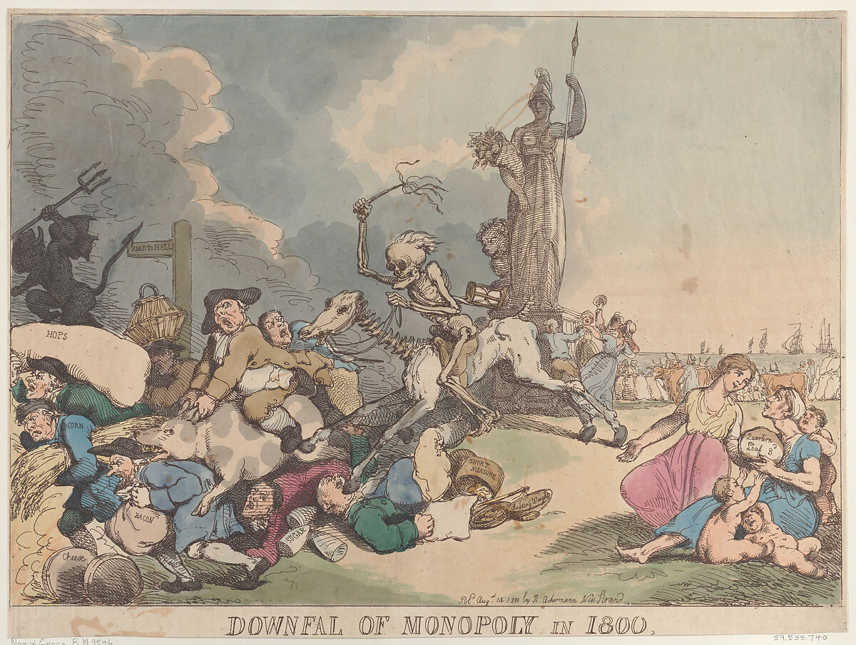 Downfall of Monopoly in 1800, Thomas Rowlandson (British, London 1757–1827 London), Hand-colored etching 