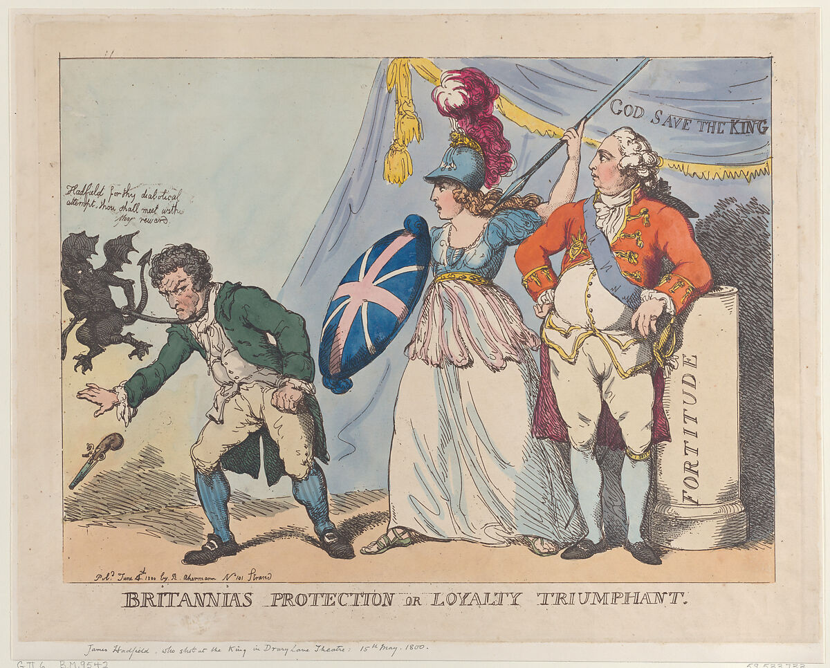 Britannia's Protection or Loyalty Triumphant, Thomas Rowlandson (British, London 1757–1827 London), Hand-colored etching 