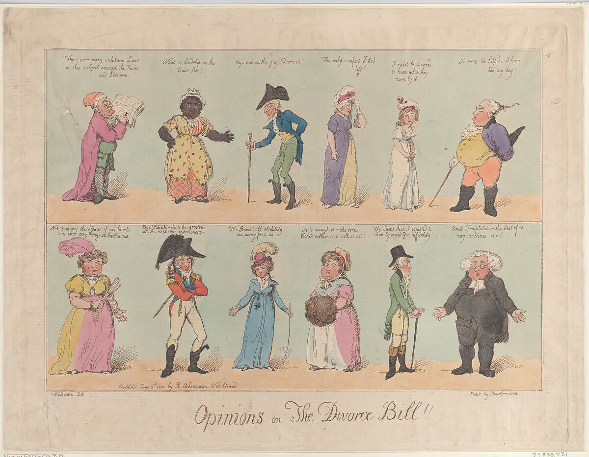 Opinions on The Divorce Bill!!, Thomas Rowlandson (British, London 1757–1827 London), Hand-colored etching 