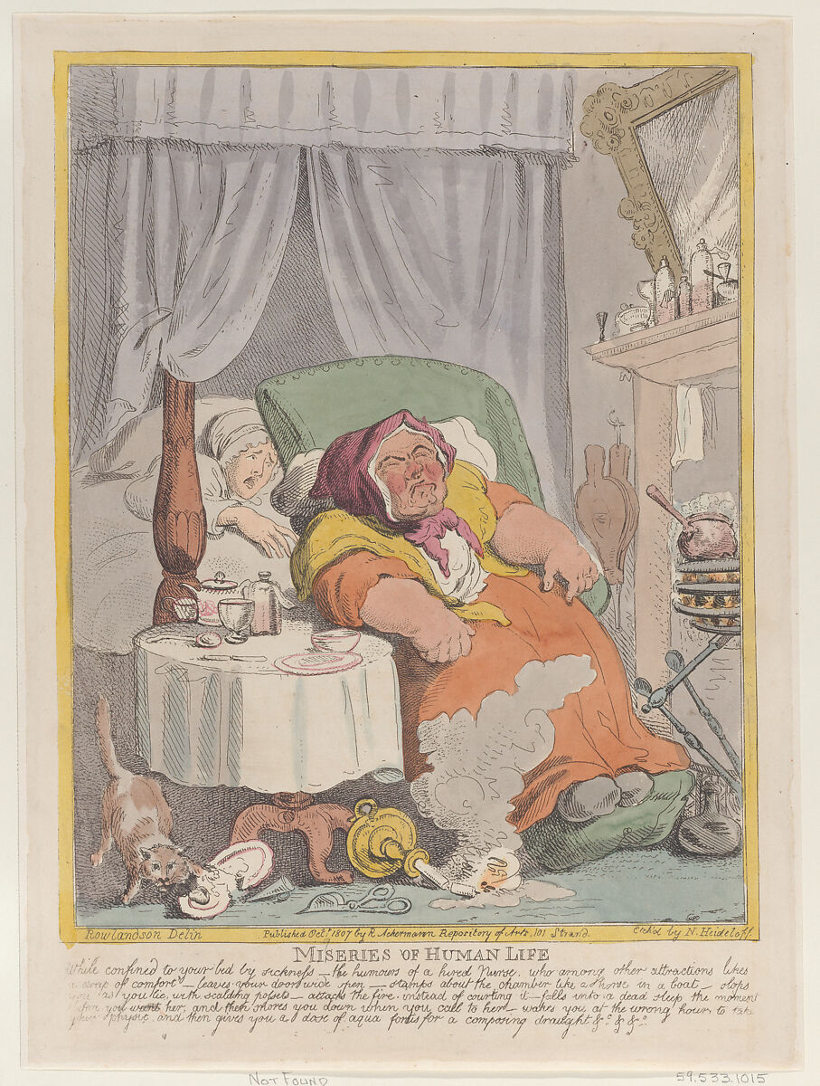 Miseries of Human Life: "While confined to your bed by sickness...", Nicolaus Heideloff (German, Stuttgart 1761–1837 The Hague), Hand-colored etching 