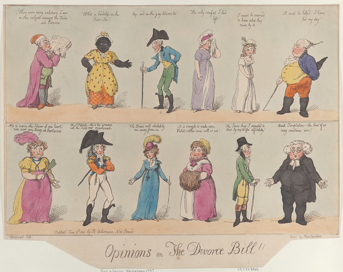Opinions on The Divorce Bill!!, Thomas Rowlandson (British, London 1757–1827 London), Hand-colored etching 
