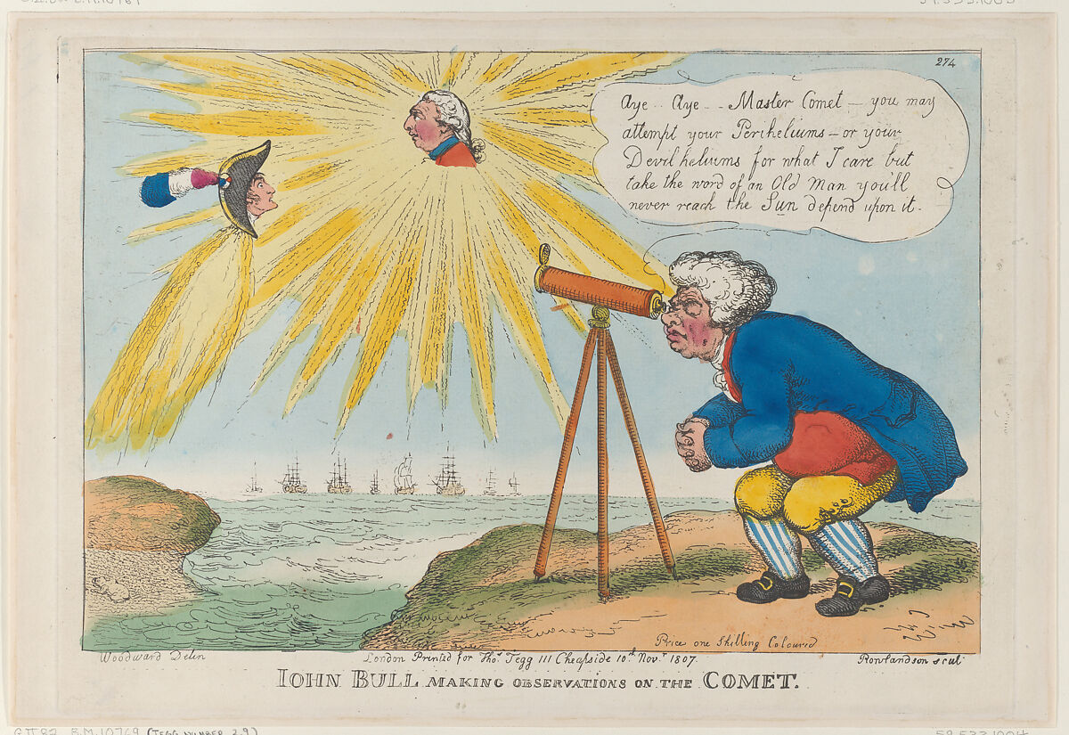 John Bull Making Observations on the Comet, Thomas Rowlandson (British, London 1757–1827 London), Hand-colored etching 