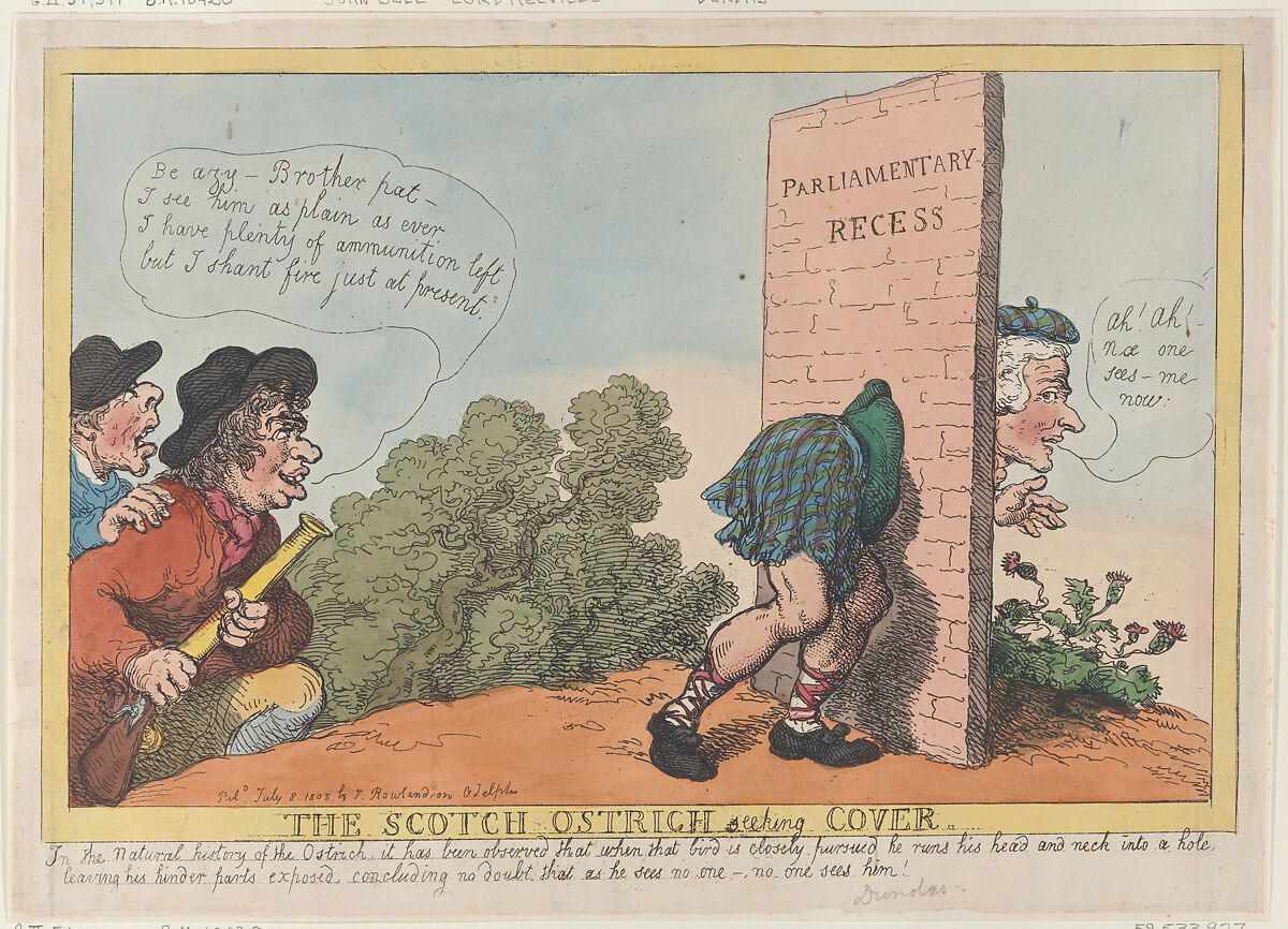 The Scotch Ostrich Seeking Cover, Thomas Rowlandson (British, London 1757–1827 London), Hand-colored etching 