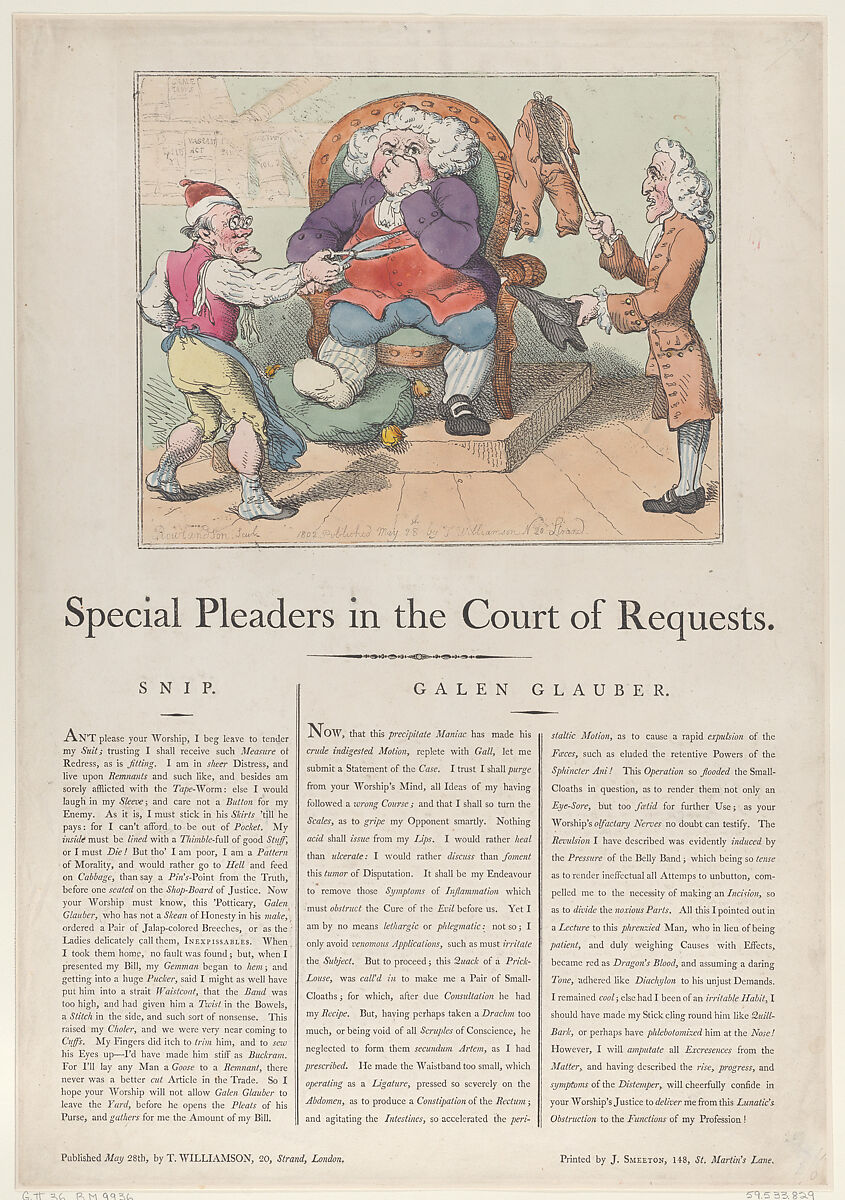 Special Pleaders in the Court of Requests, Thomas Rowlandson (British, London 1757–1827 London), Hand-colored etching and letterpress 