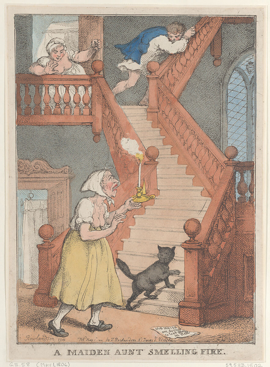 A Maiden Aunt Smelling Fire, Thomas Rowlandson (British, London 1757–1827 London), Hand-colored etching 