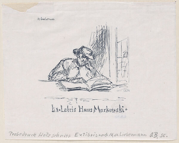 Book-plate Ex-libris Haus Markowski, After Max Liebermann (German, Berlin 1847–1935 Berlin), Line block; proof 