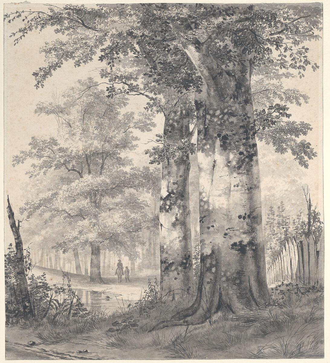 Wooded Landscape with Figures by a Pond, Hendrik Gerrit ten Cate  Dutch, Black chalk, point of brush and gray wash, partial black chalk framing lines