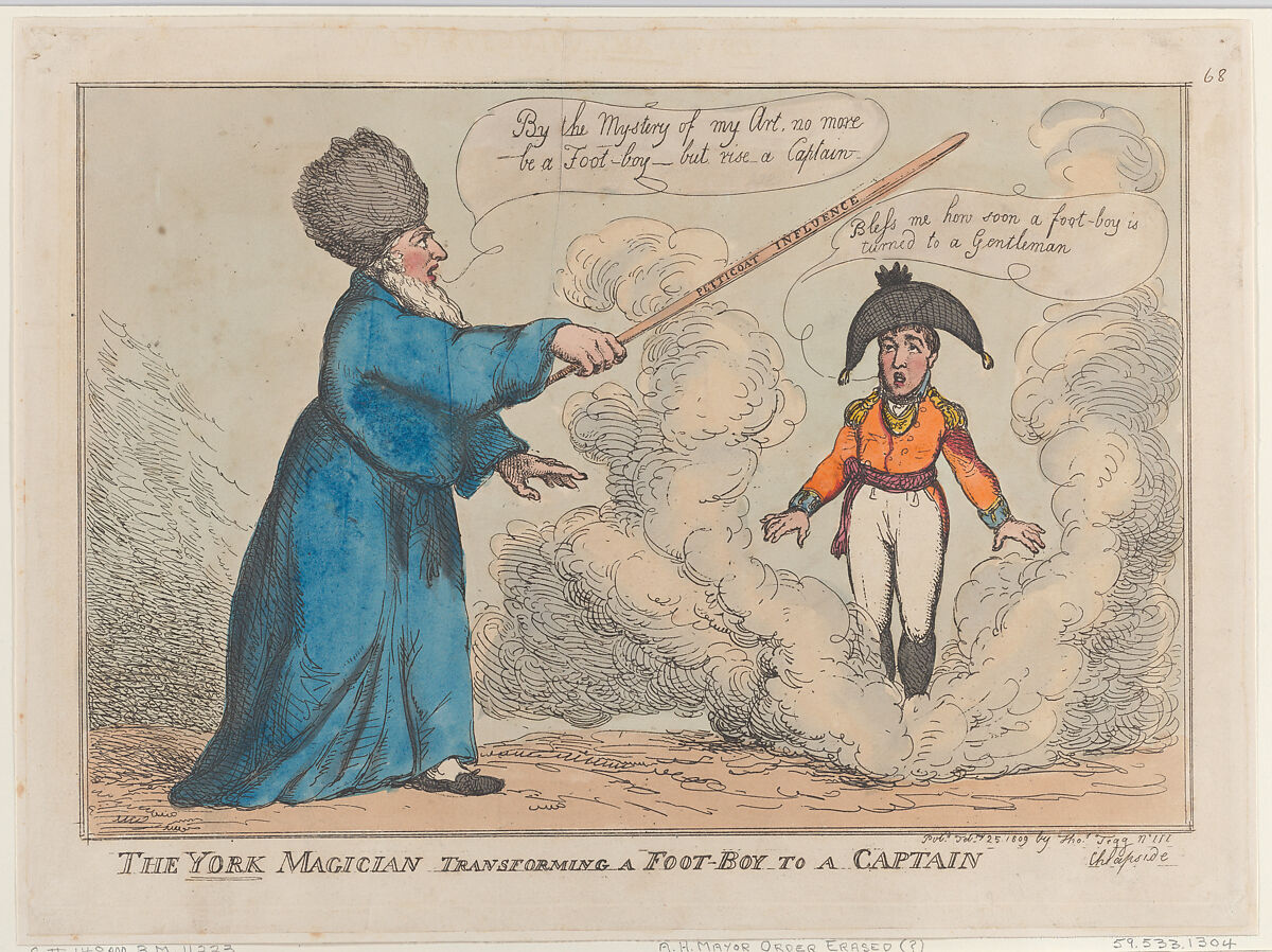 The York Magician Transforming a Foot-Boy to a Captain, Thomas Rowlandson (British, London 1757–1827 London), Hand-colored etching 