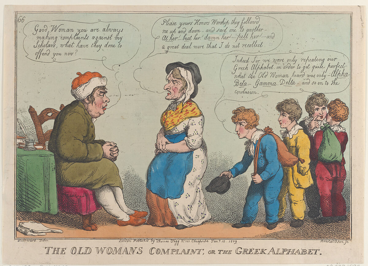 The Old Womans Complaint, or the Greek Alphabet, Thomas Rowlandson (British, London 1757–1827 London), Hand-colored etching 