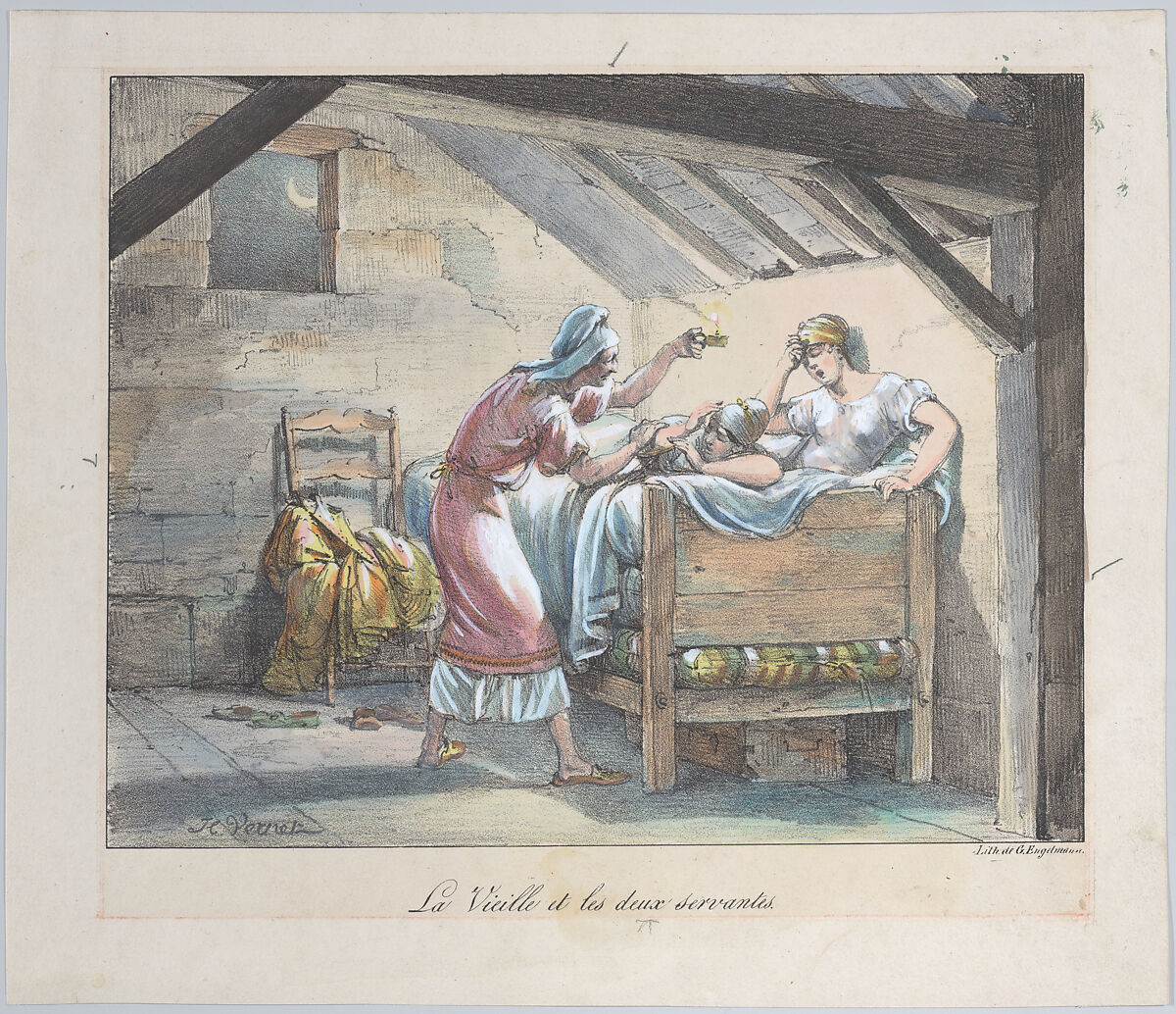 The Old Woman and the Two Maids, plate no. 118 from "Fables choisies de La Fontaine ornées de figures lithographiques...", Horace Vernet (French, Paris 1789–1863 Paris), Lithograph; second state of three 