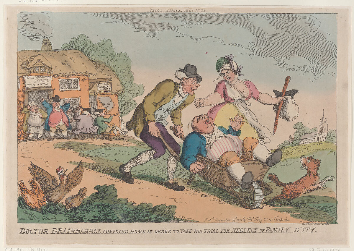 Doctor Drainbarrel Conveyed Home in order to Take His Trial for Neglect of Family Duty, Thomas Rowlandson (British, London 1757–1827 London), Hand-colored etching 