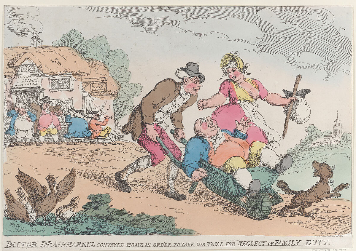 Doctor Drainbarrel Conveyed Home in order to Take His Trial for Neglect of Family Duty, Thomas Rowlandson (British, London 1757–1827 London), Hand-colored etching 