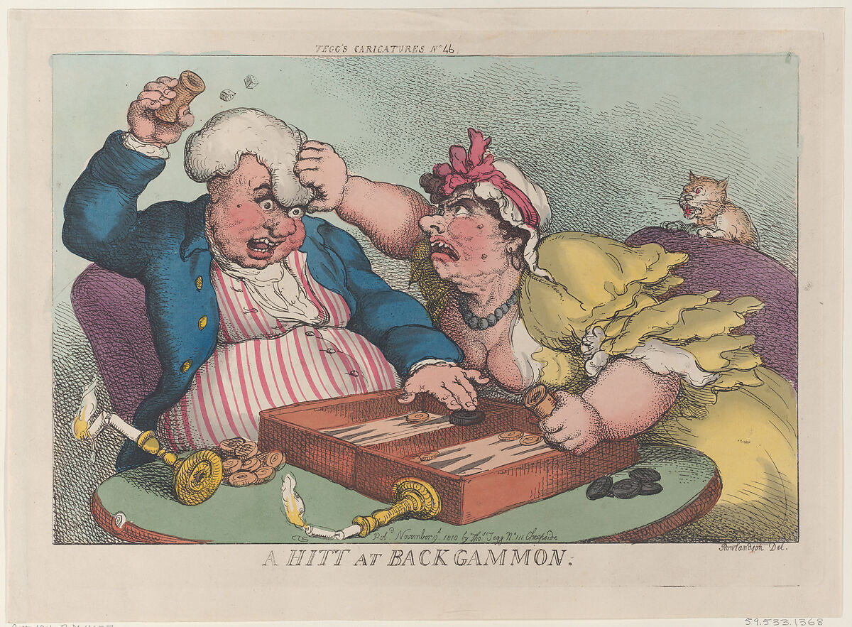 A Hitt at Backgammon, Thomas Rowlandson (British, London 1757–1827 London), Hand-colored etching 