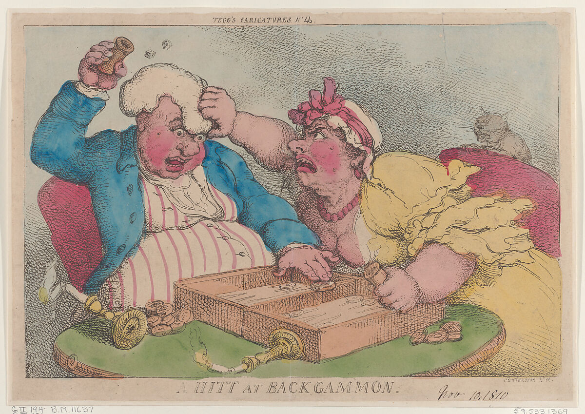 A Hitt at Backgammon, Thomas Rowlandson (British, London 1757–1827 London), Hand-colored etching 