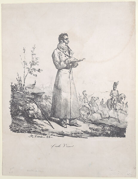 Portrait of Carle Vernet sketching horses and riders, Horace Vernet (French, Paris 1789–1863 Paris), Lithograph; first state of five 