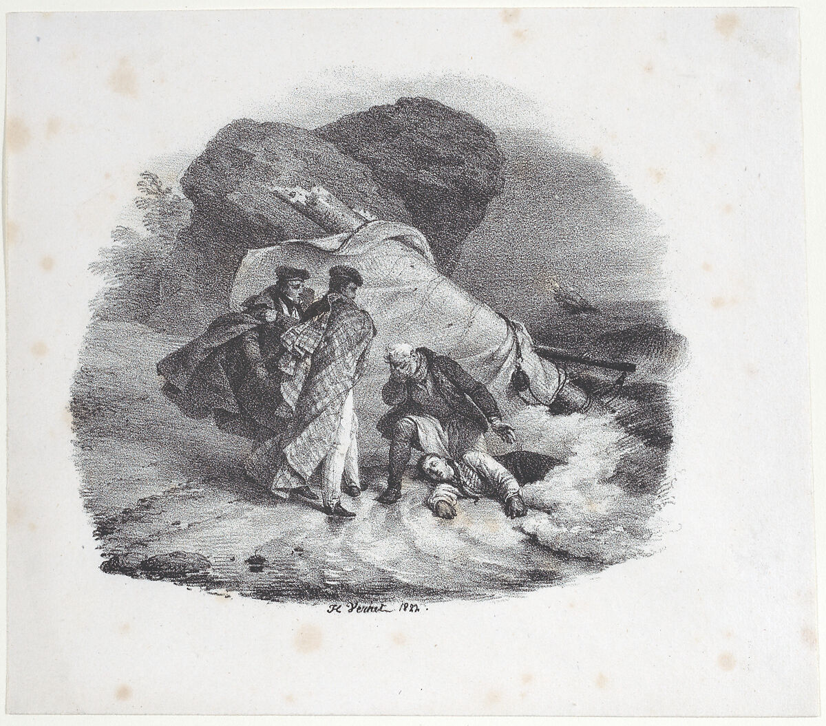 Shipwrecked Victim Thrown onto the Shore of Pourville, Horace Vernet (French, Paris 1789–1863 Paris), Lithograph; only state 