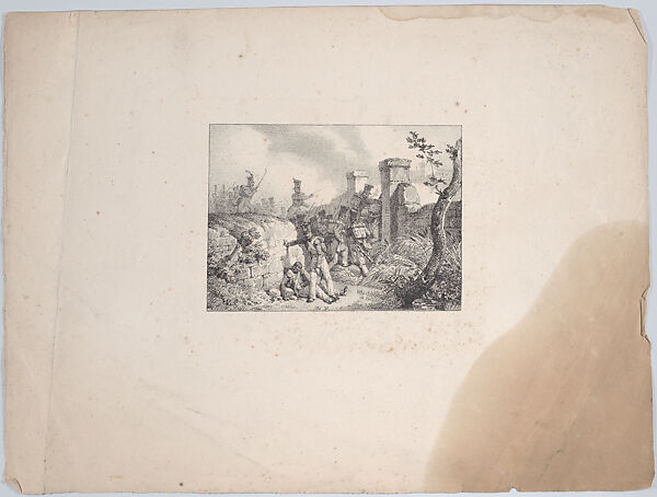 Infantry attacking a barrier wall, Horace Vernet (French, Paris 1789–1863 Paris), Lithograph; only state 
