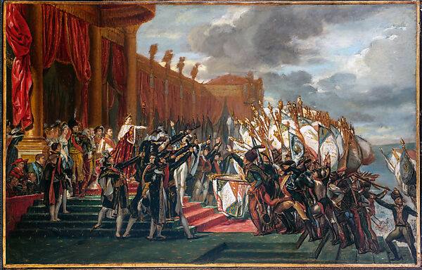 The Distribution of the Eagles, Jacques Louis David  French, Oil over black chalk, on paper laid down on canvas