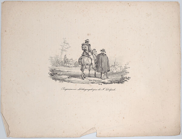 Wounded Infantryman Being Driven on a Horse by aTraveller, Horace Vernet (French, Paris 1789–1863 Paris), Lithograph; second state of three 