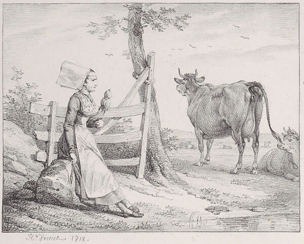 Girl in French Provincial Costume with Distaff; Cow Right, Horace Vernet (French, Paris 1789–1863 Paris), Lithograph; only state 