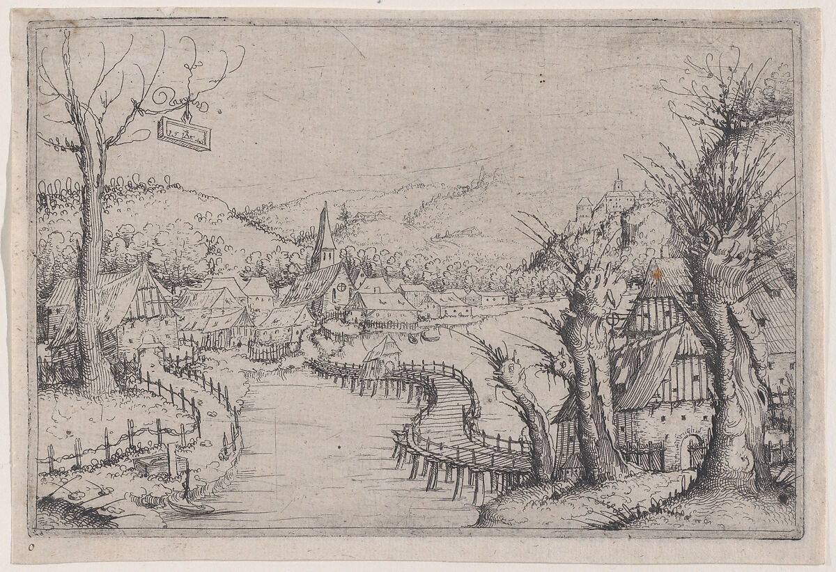 River Landscape with Three Bare Willow-Trees at Right and a Long Winding Wooden Bridge at Center Leading to a Village, Augustin Hirschvogel (German, Nuremberg 1503–1553 Vienna), Etching 