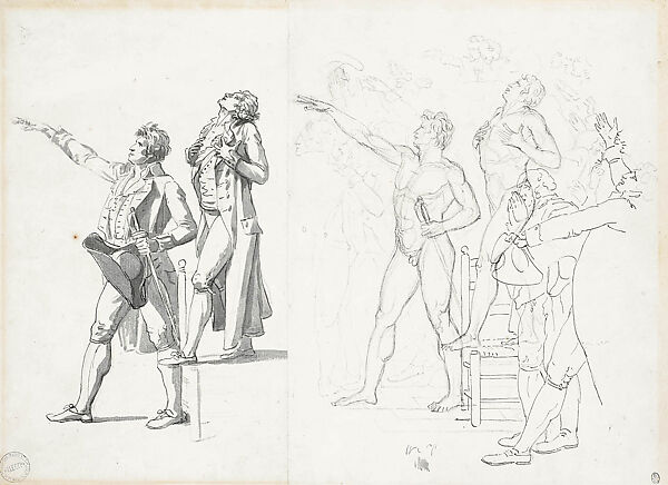 Two Studies of Dubois-Crancé and Robespierre for “The Oath of the Tennis Court”, Jacques Louis David (French, Paris 1748–1825 Brussels), Pen and black ink, brush and gray wash, over black chalk (left), pen and black ink over black chalk (right), on two joined sheets 