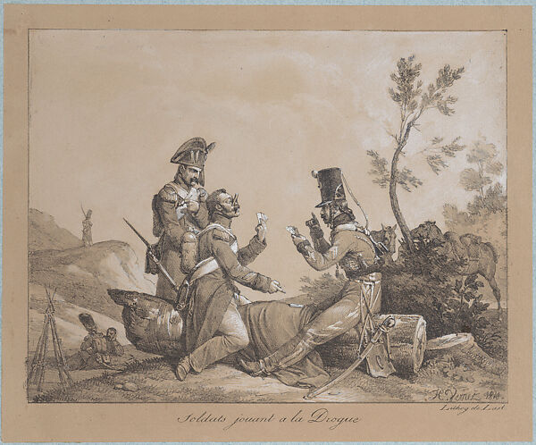 Soldiers Playing a Game of Cards, Horace Vernet (French, Paris 1789–1863 Paris), Lithograph heightened with white; only state 