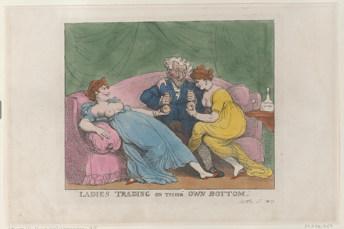 Ladies Trading on Their Own Bottom, Thomas Rowlandson (British, London 1757–1827 London), Hand-colored etching 