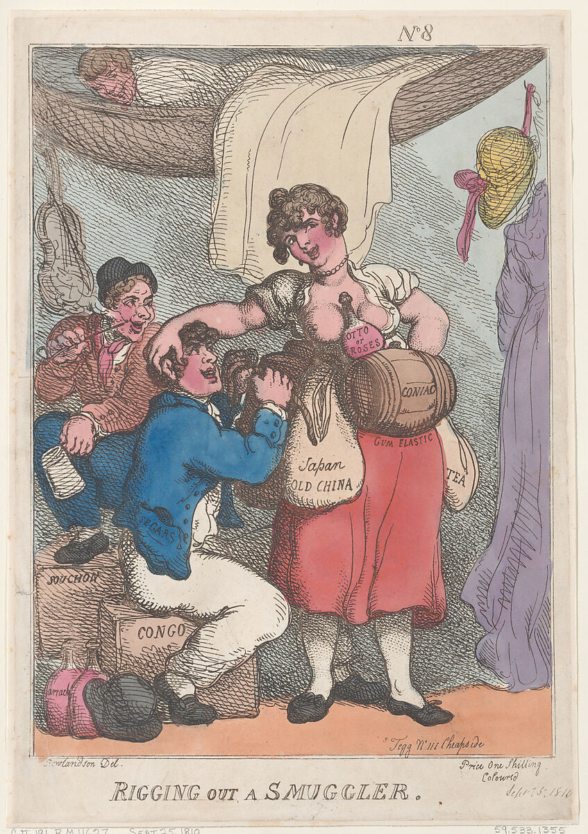 Rigging Out a Smuggler, Thomas Rowlandson (British, London 1757–1827 London), Hand-colored etching 