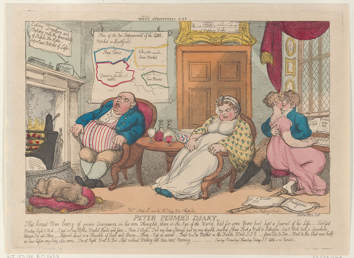 Peter Plumb's Diary, Thomas Rowlandson (British, London 1757–1827 London), Hand-colored etching 