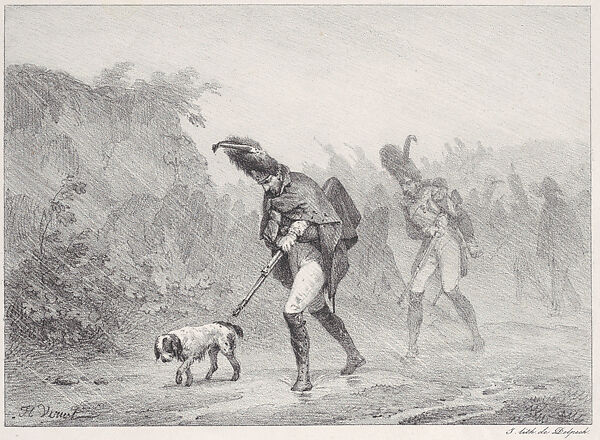 Two Soldiers with a Dog in the Rain, Horace Vernet (French, Paris 1789–1863 Paris), Lithograph; first state of two 
