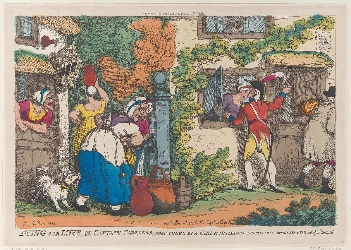 Dying for Love, or Captain Careless, Shot Flying by a Girl of Fifteen who Unexpectedly Popped Her Head out of a Casement, Thomas Rowlandson (British, London 1757–1827 London), Hand-colored etching 