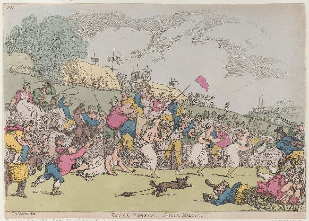 Rural Sports, Smock Racing, Thomas Rowlandson (British, London 1757–1827 London), Hand-colored etching 