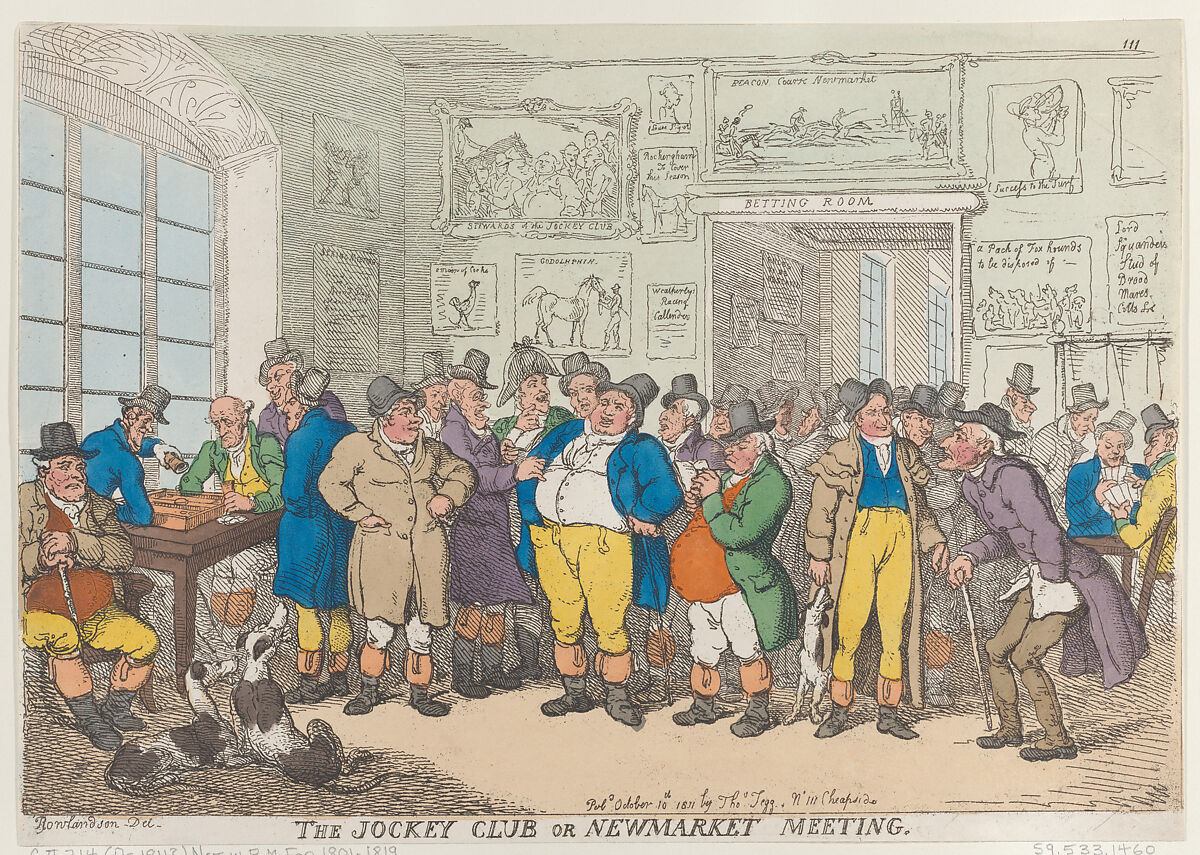 The Jockey Club or Newmarket Meeting, Thomas Rowlandson (British, London 1757–1827 London), Hand-colored etching 
