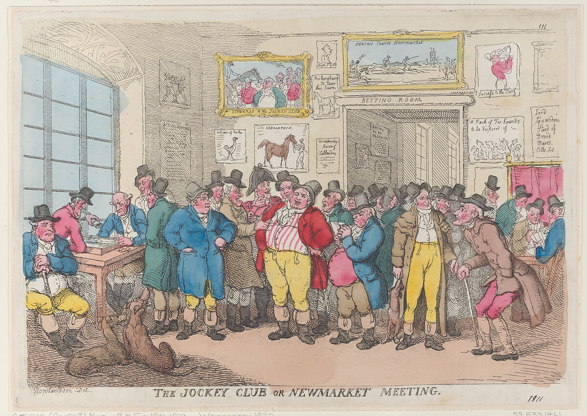 The Jockey Club or Newmarket Meeting, Thomas Rowlandson (British, London 1757–1827 London), Hand-colored etching 