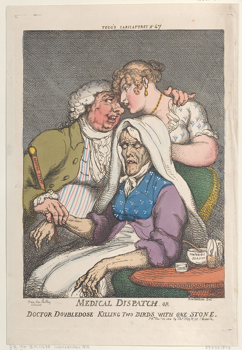 Medical Dispatch or Doctor Doubledose Killing Two Birds with One Stone, Thomas Rowlandson (British, London 1757–1827 London), Hand-colored etching 