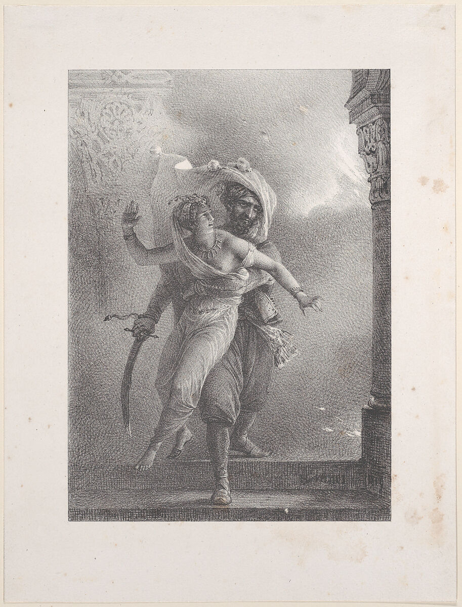 Conrad Saving Gulnare from the Fire, Horace Vernet (French, Paris 1789–1863 Paris), Lithograph; first state of two 