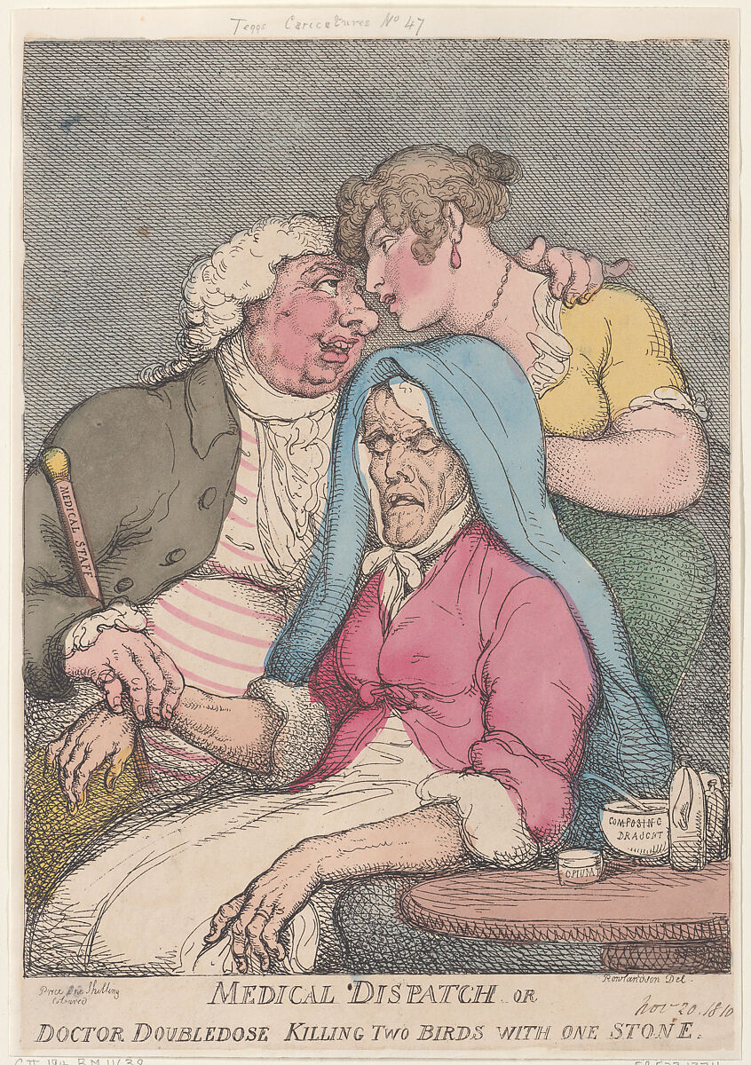 Medical Dispatch or Doctor Doubledose Killing Two Birds with One Stone, Thomas Rowlandson (British, London 1757–1827 London), Hand-colored etching 