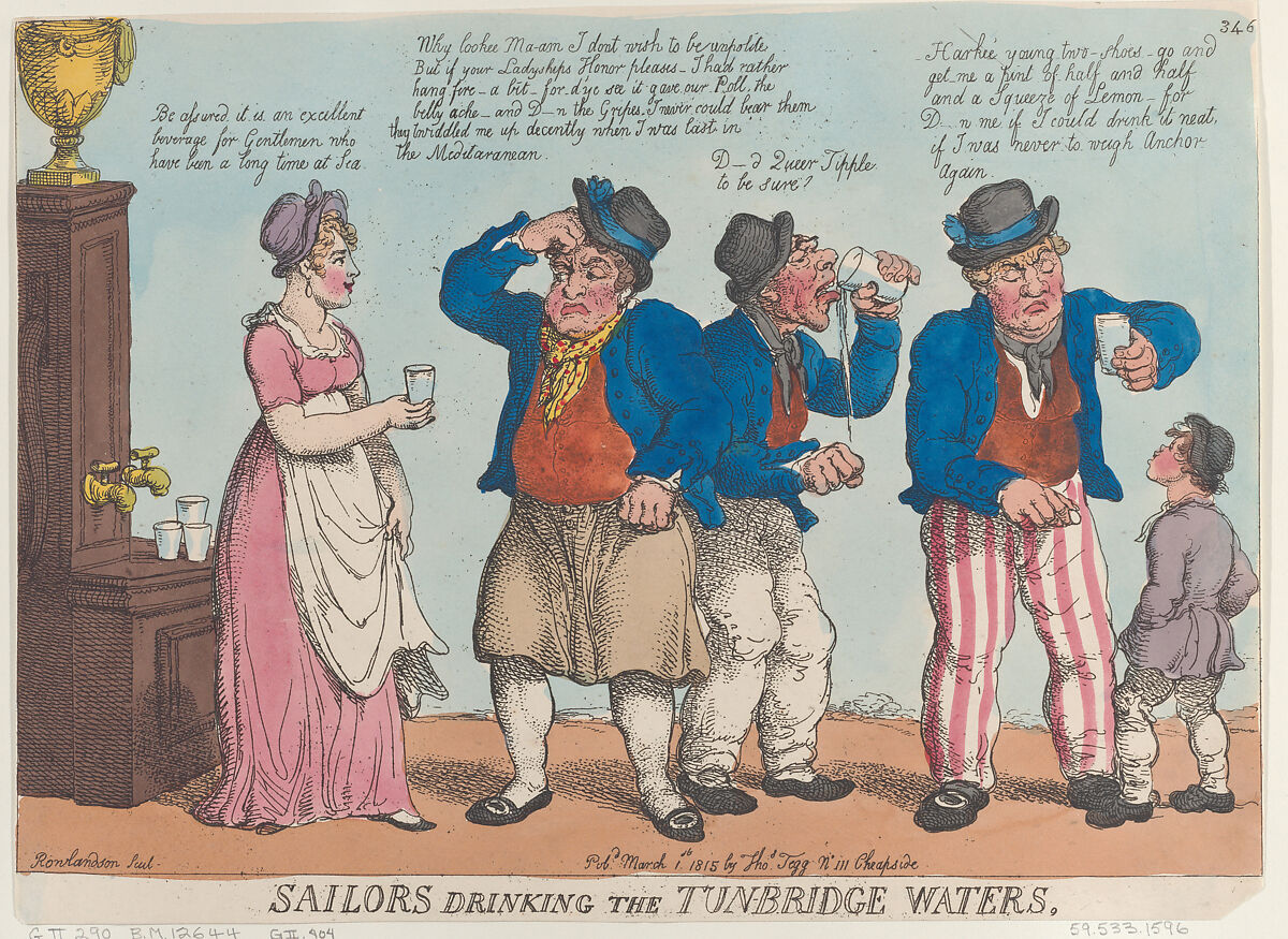 Sailors Drinking the Tunbridge Waters, Thomas Rowlandson (British, London 1757–1827 London), Hand-colored etching 