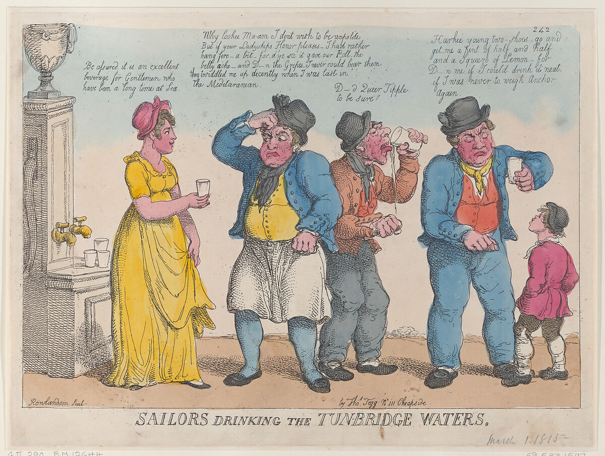 Sailors Drinking the Tunbridge Waters, Thomas Rowlandson (British, London 1757–1827 London), Hand-colored etching 